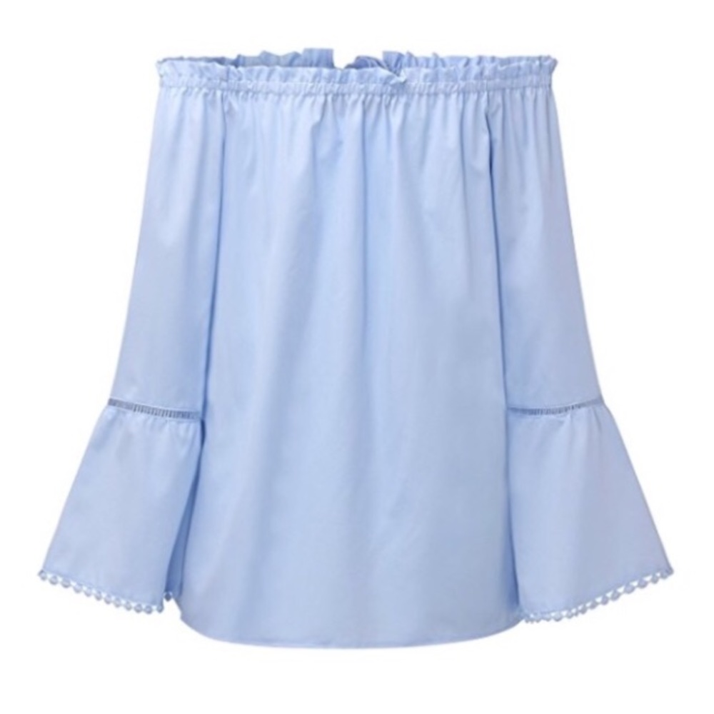 Off Shoulder Bell Sleeve Crochet Trim Ruffle Top - Picture 7 of 7